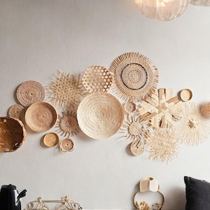 Set of 19 wall Hangings(Warm Flowers), Round Rattan Wall Pieces, Wall Decor, Boho Wall Baskets, Boho Wall Decor, Panier mural rotin