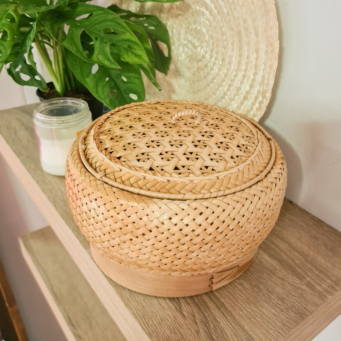 Round Woven Storage With Cover Storage Basket Kitchen Etsy