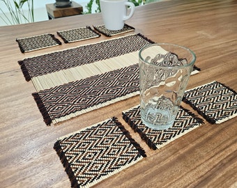 Set of 7 Pieces Handmade Square Placemats, Natural Placemat, Handmade Woven Placemat, Table Decor,  Kitchen Decor, Boho Table Set