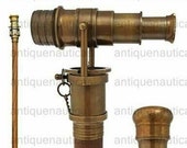 vintage look spy steampunk telescope hidden roman brass clock on top with wooden walking stick cane in 3 fold