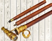 antique brass telescope hidden roman clock on top with wooden walking stick cane in 3 fold