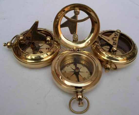 COLLECTIBLE LOT OF 3 BRASS PUSH BUTTON VINTAGE MARITIME SUNDIAL POCKET COMPASS