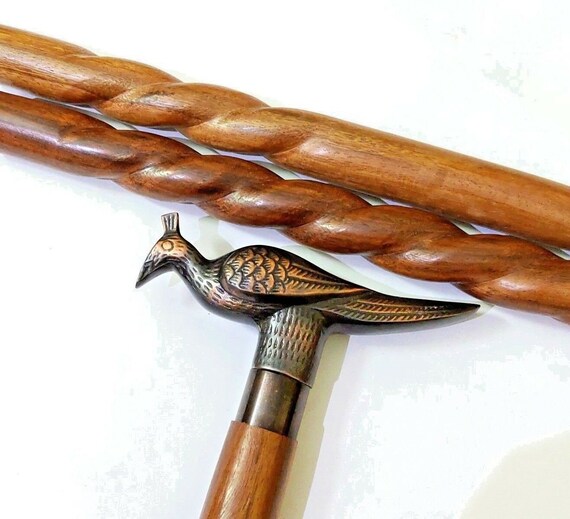 Vintage Antique Style Brass Wood Victorian Walking Stick Cane Spiral Carved 37/"