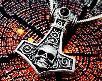 925 Sterling Silver Skull Thor’s Hammer with Onyx Mjolnir Odin Norse Viking Pendant Necklace / Solid / Quality - KIMNKIM