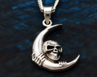 Oxidised Sterling Silver Skull Moon Pendant Necklace