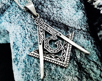 Sterling Silver Masonic Square & Compass Pendant Necklace, Free Engraving