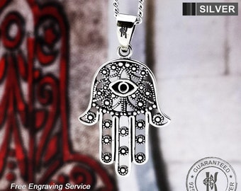 Silver Hamsa Pendant Necklace, Hand of Fatima Pendant Necklace, Evil Eye Pendant, Hand of Hamsa Necklace, Good luck, Gift for Mom - KIMNKIM