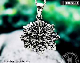 Sterling Silver Green Man Pendant Necklace: Oxidized Pagan Jewelry - Christmas Gift