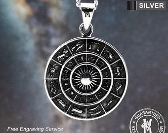Oxidized Sterling Silver Astrological Zodiac Wheel Pendant Necklace