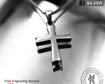 Free Engraving Service - 925 Sterling Silver Plain Thick Cross Pendant Necklace / Solid / Quality - KimnKim