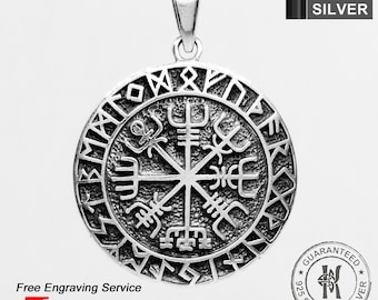 Sterling Silver Vegvisir Necklace – Personalised Norse Viking Compass Protection Amulet – British Silver Craft