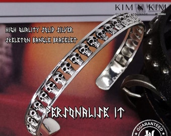 Oxidised Sterling Silver Skull Bangle Bracelet - Handmade