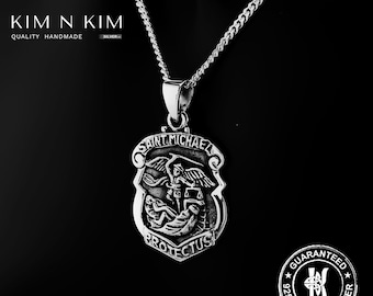 Sterling Silver Saint Michael Pendant Necklace: Oxidized Religious Jewelry