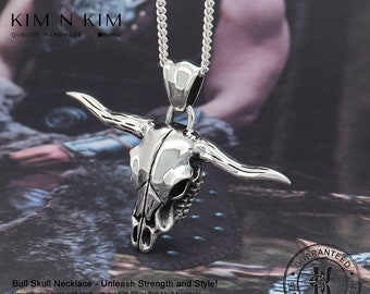 Large Bull Skull Head Pendant Necklace, Buffalo Skull, Cow Skull, Cattle Skull, Long horn, Gift for him, 925 Silver, Quality - KIMNKIM