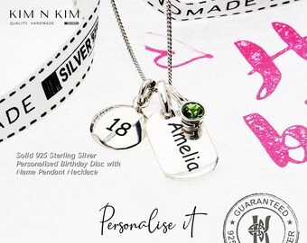 Personalized Sterling Silver Birthday Disc Necklace with Birthstone