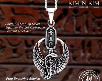 Egyptian Wadjet Cartouche Pendant Necklace/God of Death /Ankh Cross /Cobra /Wing /Free Engraving /Solid 925 Sterling Silver /Quality-KIMNKIM