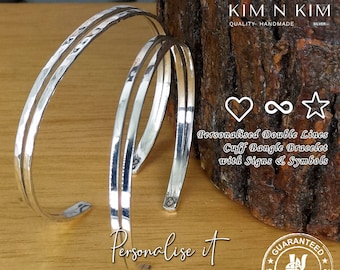 Personalised Double Line Cuff Bangle Bracelet /Free Engraving/Hammered or Plain/Heart/Infinity/Star/925 Sterling Silver/Quality - KimnKim