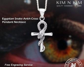 Egyptian Snake Ankh Cross Pendant Necklace /Ankh Cross /Free Engraving /Solid 925 Sterling Silver /Quality-KimnKim