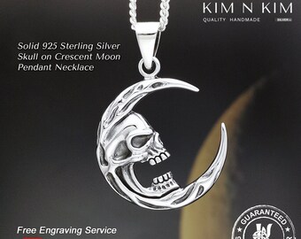 Sterling Silver Skull on Crescent Moon Pendant Necklace