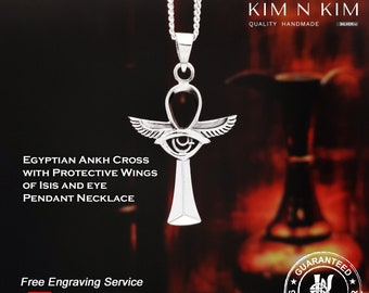 Collier pendentif croix d'Ankh égyptienne avec ailes protectrices d'Isis et oeil / Gravure gratuite / Argent sterling massif 925 / Qualité - KIMNKIM