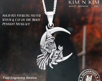 Sterling Silver Witch & Cat on Moon Pendant Necklace