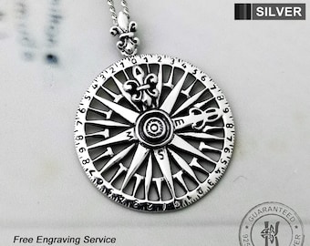 Fleur De Lys Nautical Compass Rose Pendant Necklace / Free engraving / 925 Sterling Silver / Solid / Quality - KimnKim