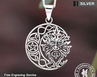 Sterling Silver Green Man Moon Pendant: Wiccan Pagan Necklace