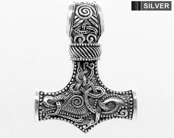Thor’s Hammer Mjolnir Snake Norse Viking Pendant Necklace / Free Engraving / Solid 925 Sterling Silver / Quality - KimnKim