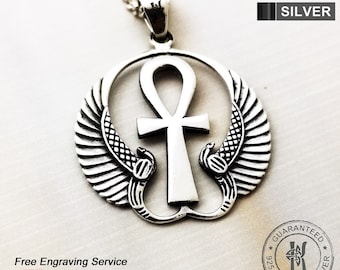 Collier pendentif croix Ankh avec ailes protectrices d'Isis /Personnalisé /Argent massif 925 /Qualité - KIMNKIM