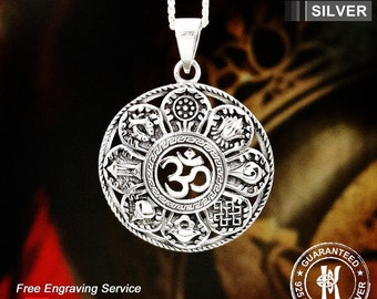 May include: Silver pendant necklace featuring a circular design with an Om symbol in the center and intricate floral patterns around it. The pendant is made of sterling silver and has a delicate chain.