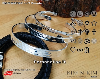 Solid & Thick Hammered Bangle Bracelet with Symbol /Cuff /Cross, Viking compass, Pentagram, Celtic, Valknut, Horus/925 Silver - KimnKim