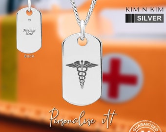 Sterling Silver Caduceus Dog Tag Necklace - Personalized Medical Gift