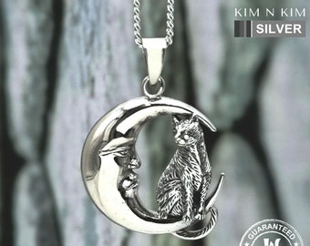 Sterling Silver Cat Moon Pendant Necklace: Handmade Wicca Pagan Jewelry