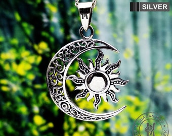Sun and Moon Pendant Necklace / Crescent Moon / Celtic / Solid 925 Sterling Silver / Quality - KimnKim
