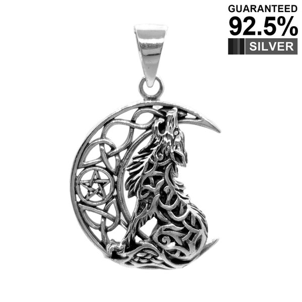 925 Sterling Silver Howling Moon Lone Wolf Pentagram Celtic Pagan Wicca Pendant Necklace / Solid / Quality - KimnKim