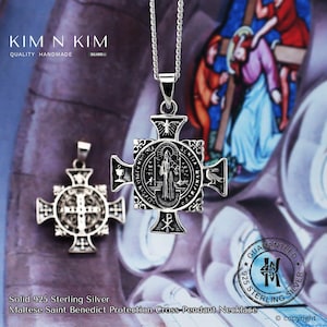 Silver Maltese Saint Benedict Cross Pendant Necklace, St Benedict Crucifix Necklace, St Benedict Pendant, Catholic Religious Gift - KIMNKIM