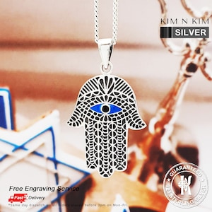 Silver Hamsa with Blue Evil Eye Pendant Necklace, Hand of Fatima Pendant, Blue Evil Eye Pendant, Hand of Hamsa Necklace,Gift for Mom-KIMNKIM