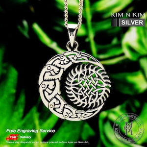 Silver Crescent Moon Sun Pendant Necklace, Moon Sun Necklace, Icovellavna Necklace, Amulet Pendant, Celtic Knot Moon Sun Pendant-KIMNKIM