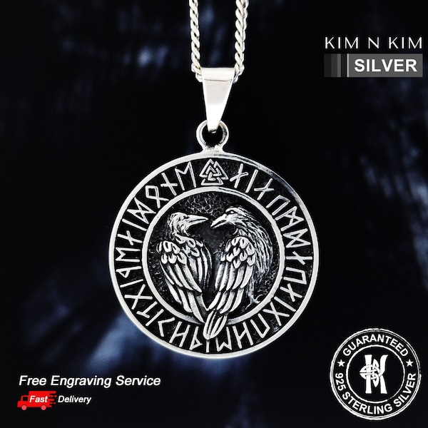 Rune Odin's Ravens Hugin Munin Viking Norse Valknut Pendant Necklace / 925 Sterling Silver / Solid / Quality - KIMNKIM