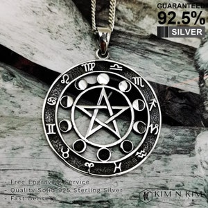 Pentagram Wiccan Pagan Moon Phase with Zodiac Signs Pendant Necklace / Solid 925 Sterling Silver / Quality / Free Engraving - KimnKim