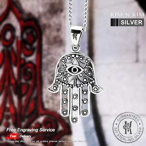 Hamsa Hand of Fatima with Evil Eye Pendant Necklace / Hanukkah /Free Engraving / Solid 925 Sterling Silver / Quality- KIMNKIM