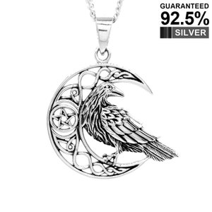925 Sterling Silver Celtic Knot Pentagram Raven Moon Pagan Wicca Pendant Necklace / Solid / Quality - KimnKim