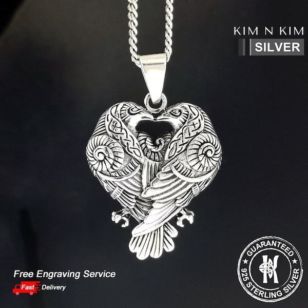 Odin's Ravens Pendant Necklace: Sterling Silver Viking Norse Runes ·T - Christmas Gift