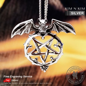 Silver Bat and Pentagram Pendant Necklace, Bat Pendant, Pentagram Pendant, Wiccan, Gothic Jewellery, Personalised Bat Pendant - KIMNKIM