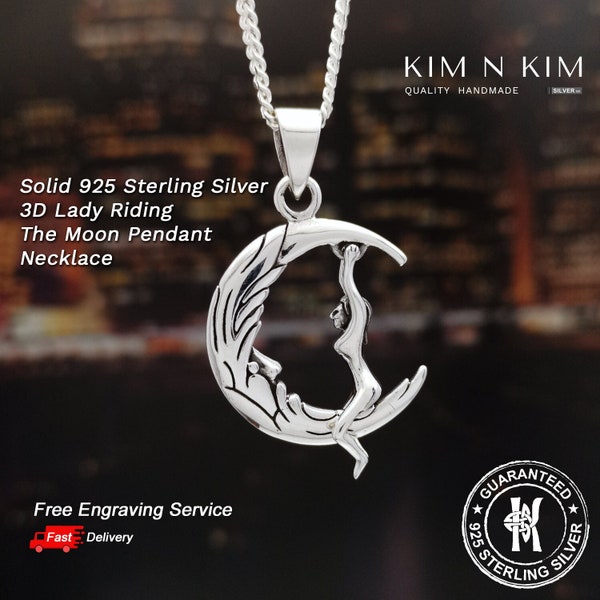 3D Lady Riding The Moon Pendant Necklace /Woman /Swing, Moving /Solid 925 Sterling Silver /Free Engraving /Solid /Quality - KimnKim