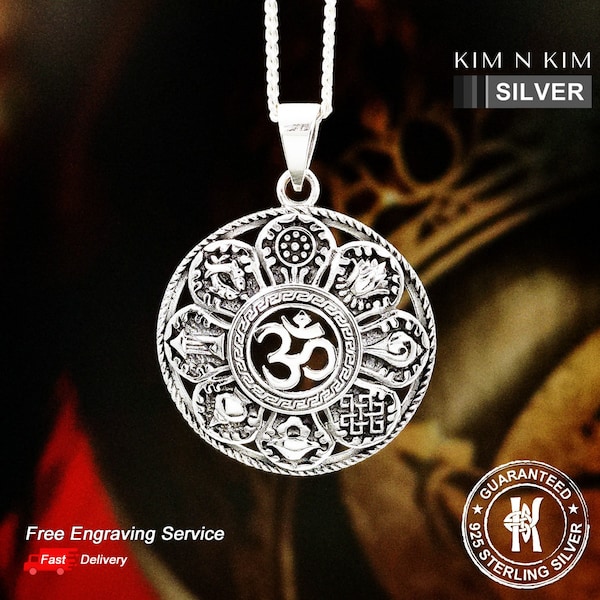 Collier pendentif Om avec 8 symboles de protection tibétains / Symbole hindou / Aum / Gravure gratuite / Argent sterling massif 925 / Qualité - KIMNKIM