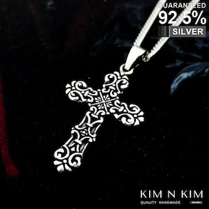 Oxidized Sterling Silver Fleury Cross Pendant Necklace: Vintage Style