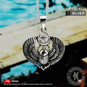 Silver Eye of Horus Pendant Necklace, Egyptian Scarab Beetle Necklace, Eye of Horus with Beetle Pendant, Egyptian Jewellery - KIMNKIM