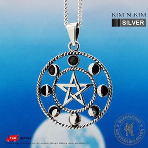 Pentagram Wiccan Pagan with Phase Moon Pendant Necklace, Pentagram Moon Pendant, Silver Moon Pentagram Pendant, Pagan Gift - KIMNKIM