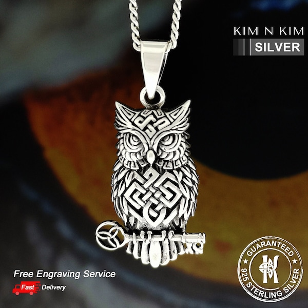 Collier pendentif clé hibou celtique / Personnalisé / Argent sterling massif 925 / Qualité - KimnKim